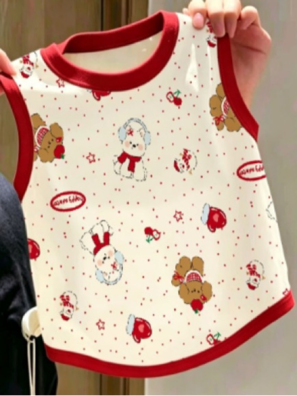 Kids Sleeveless Nightgown with Red Trim and Holiday Bear & Snowman Print